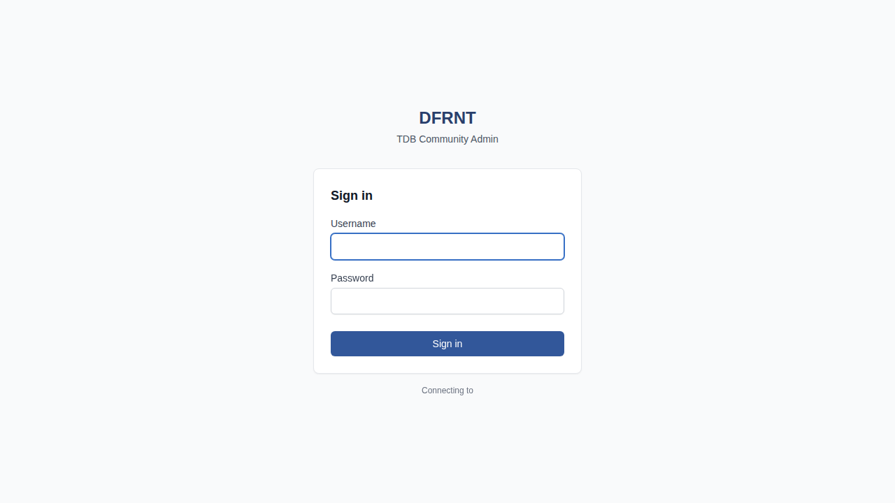 The TDB Admin login screen showing username and password fields