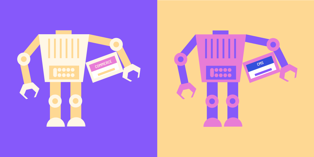 Headless Commerce and Headless CMS depicted as headless robots